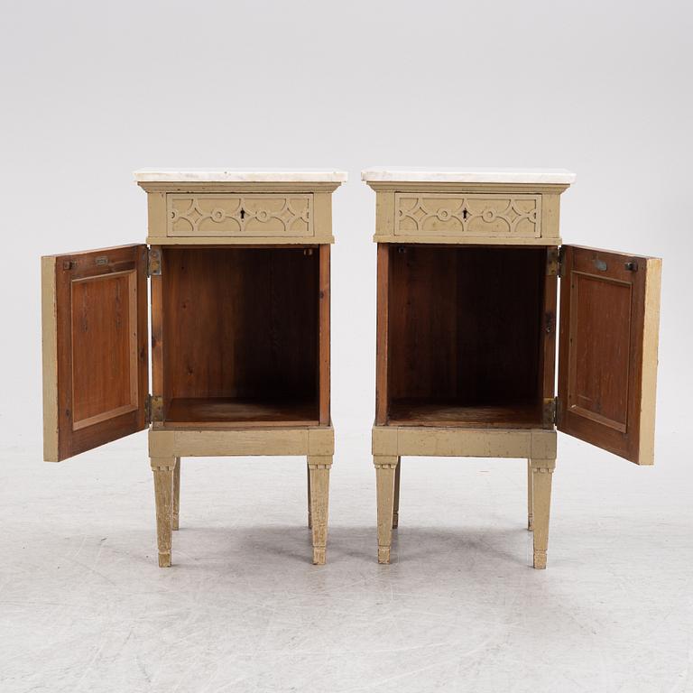 A pair of marble top bedside tables, Frederik Staermose Möbelfabrik, Odense, Denmark, first half of the 20th Century.