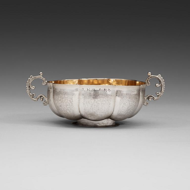 A Swedish 17th century parcel-gilt bowl, marks of Anders Biörsson Muus (Borås 1665-1672).