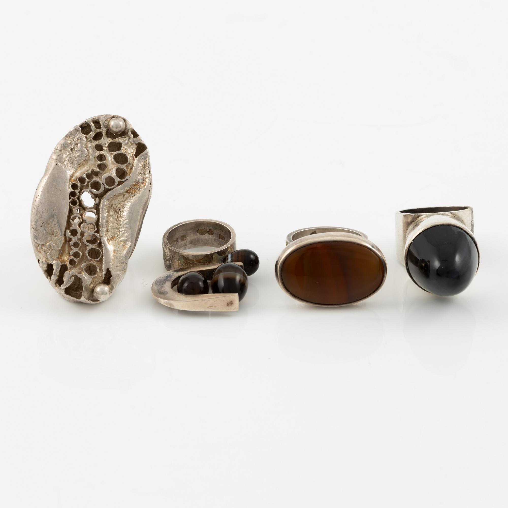 Lars Arby, four rings, sterling silver and agate, Gothenburg 1967, 1968 and 1976.