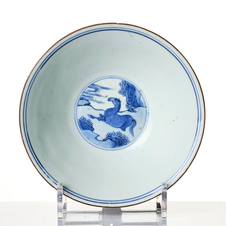 A blue and white 'eight horses of Muwang' bowl, Qing dynasty, Shunzhi period, mid 17th century.