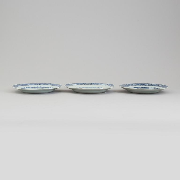 Three blue and white export porcelain plates, Qing dynasty, Qianlong (1736-95).