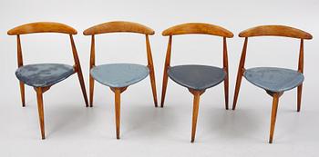 Hans J Wegner, stolar, 4 st, "Hjertestolen". Fritz Hansen, Danmark, 1940/50-tal.