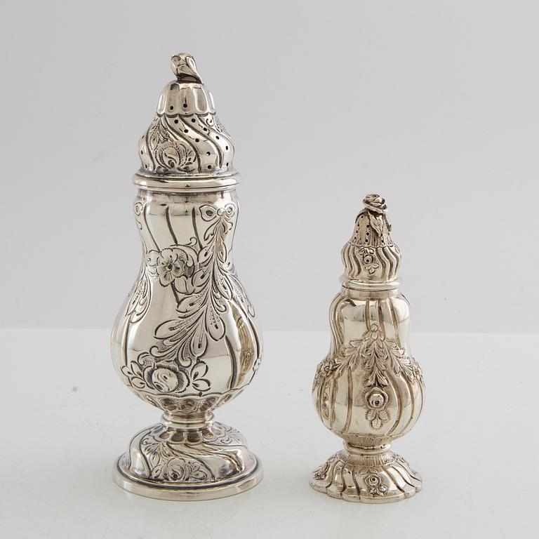 Sugar and salt shakers, Rococo style, silver, Swedish import marks, 20th century.