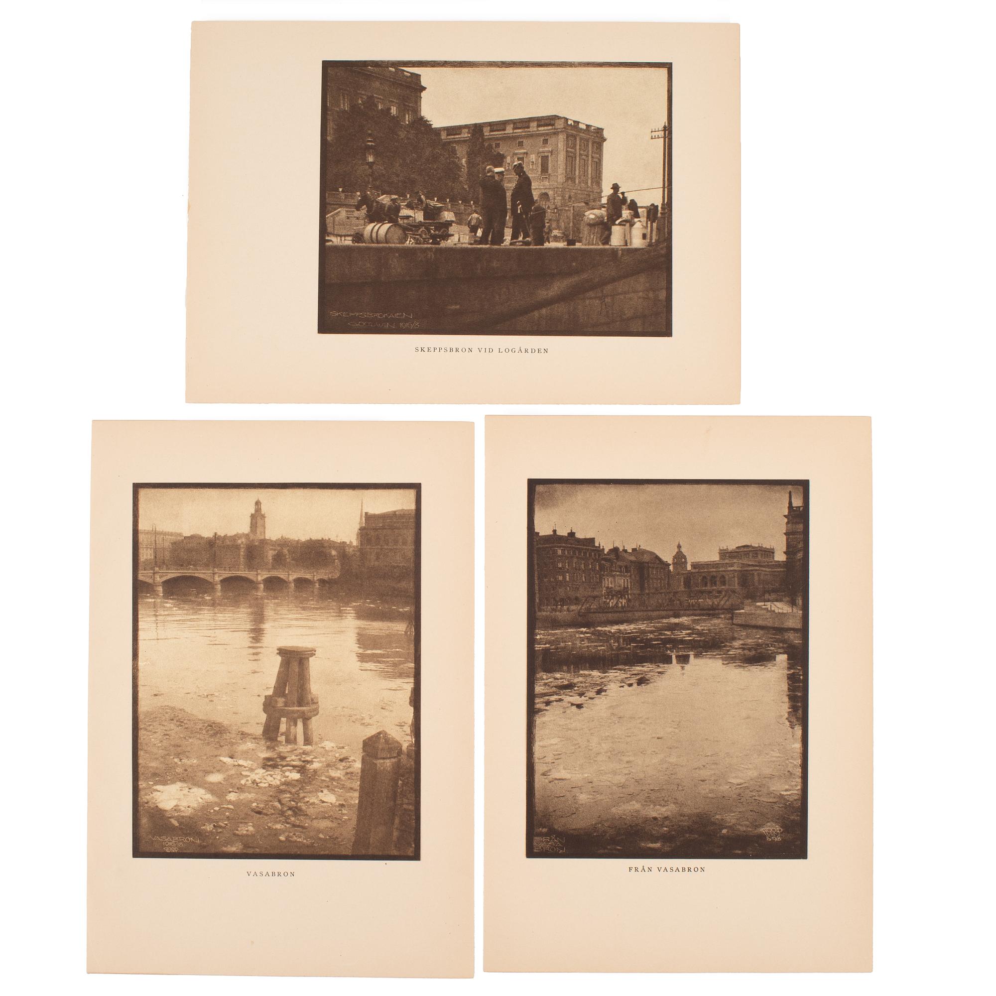 Henry B. Goodwin, three photo gravures from the book 'Vårt vackra Stockholm', signed in the negative.