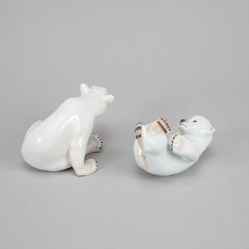 Royal Copenhagen, two porcelain polar bears, 537 and 1629, Denmark, 1985-2004.