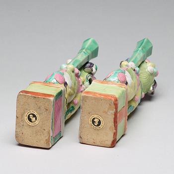 A pair of famille rose joss stick holders, Qing dynasty, circa 1800.