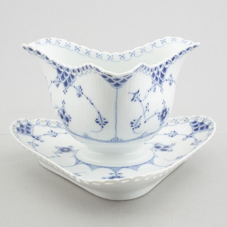 Two dishes and a sauce bowl, porcelain, "Blue fluted" / "Musselmalet", Royal Copenhagen, part 19th century.