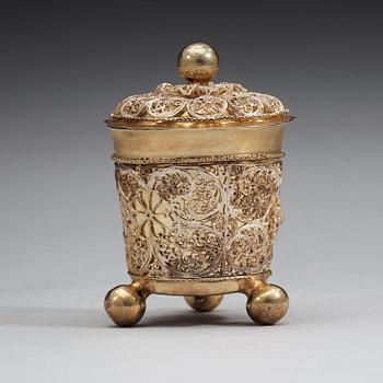 A Swedish 17th century parcel-gilt filigree-beaker and cover, unmarked.