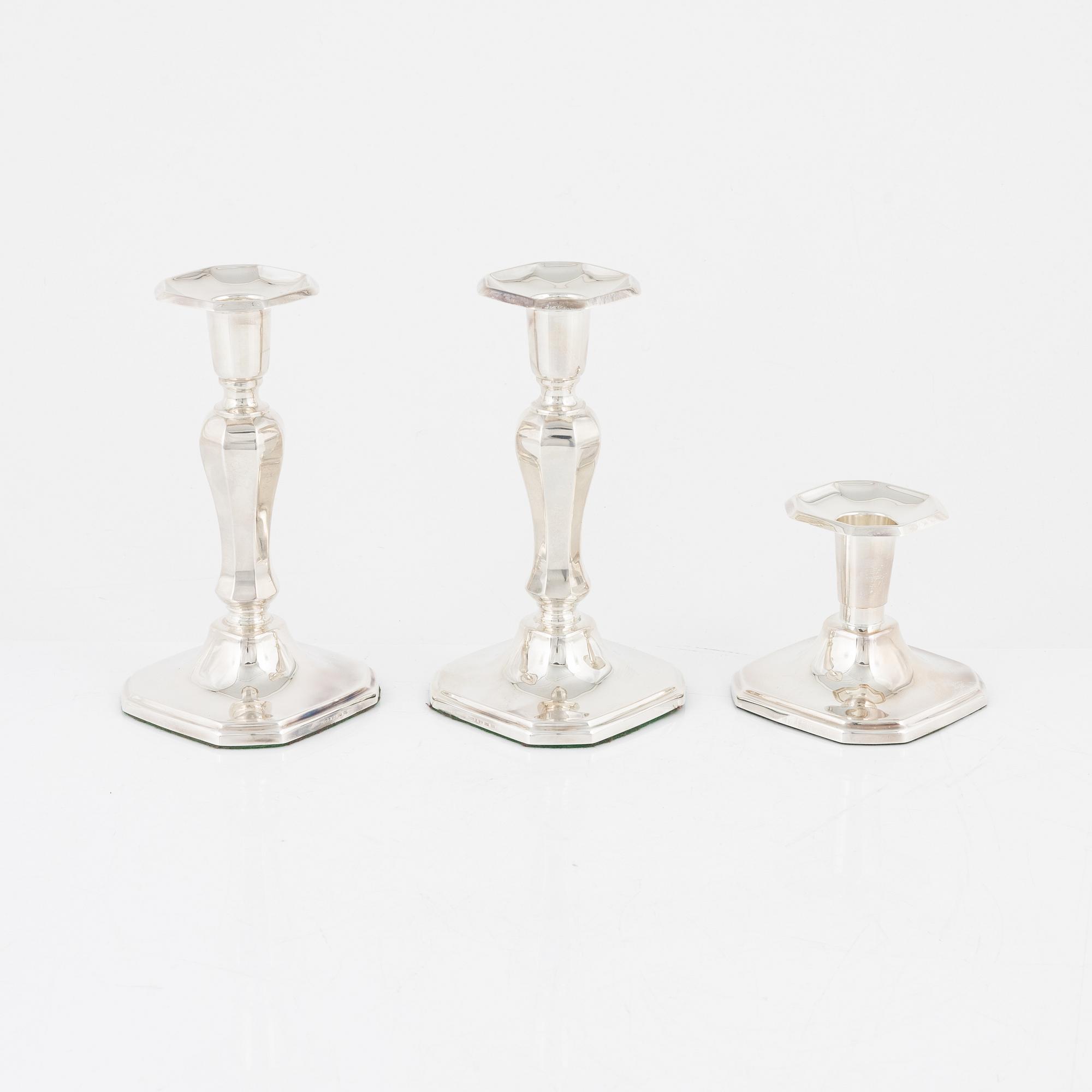 A group of three Swedish silver candlesticks, MEMA, Lidköping, 1987.