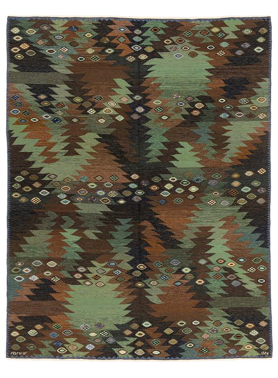 Barbro Nilsson, a carpet, flat weave, "Tånga brun och grön", ca 273 x 211 cm, signed AB MMF BN.