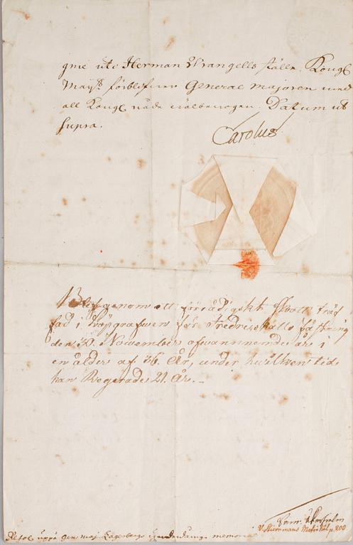 A letter from the swedish king Karl XII, signed Carolus and dated 1718.