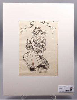 PARTI KONST, träsnitt, 5 st samt teckning, Japan, 1800-1900-tal.