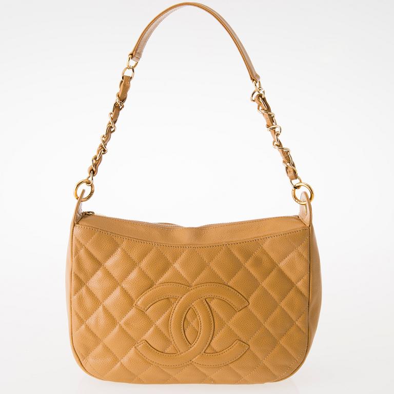 CHANEL Beige Caviar Leather Shoulder Bag.