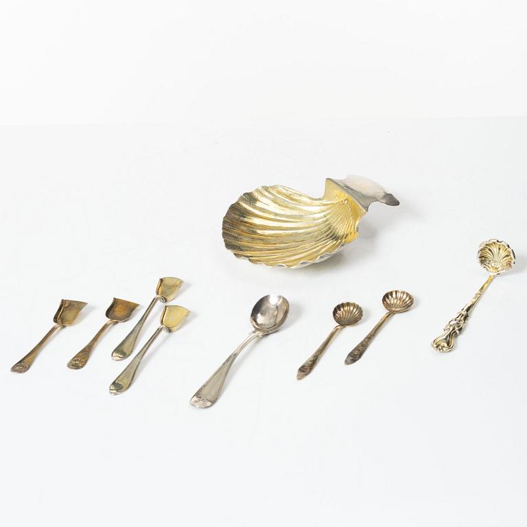 Butter dish, three pairs of salt spoons, and two mustard spoons, Sweden, 19th Century.