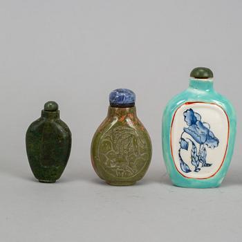 A group of seven stone, ceramic and porcelain snuff bottles, Qing dynasty and China, 19th-20th century.