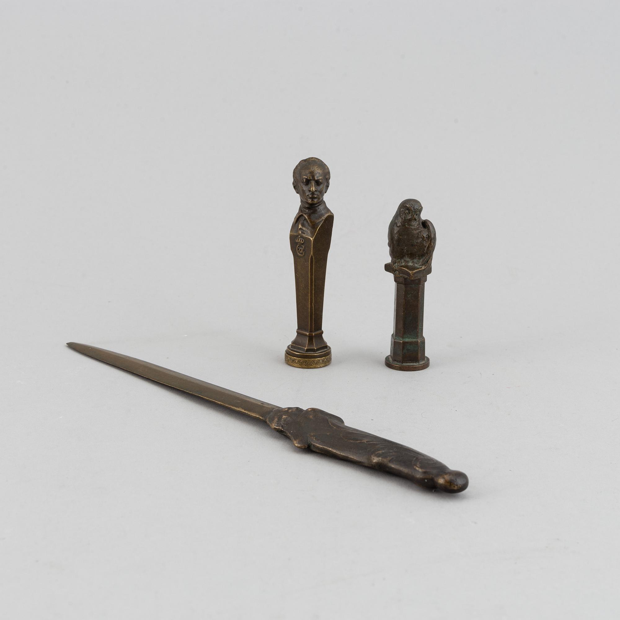 Seal stamp and a letter knife. Bronze 27 cm, 9.5 cm and 8.5 cm.