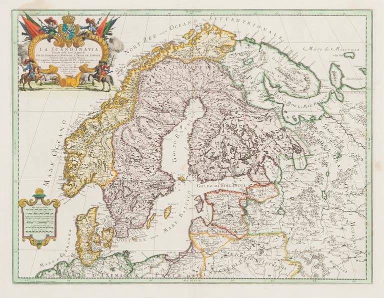 Kartta, Nova Totius Livoniae, käsinvärjätty, kuparipiirros, Giacomo Rossi 1689.
