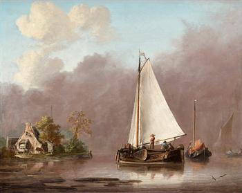 339. Jan van Os, Holländskt flodlandskap med figurer och båtar.