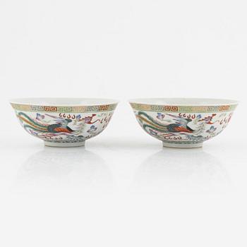 A pair of dragon and phoenix bowls, China, Republic with Qianlong mark.