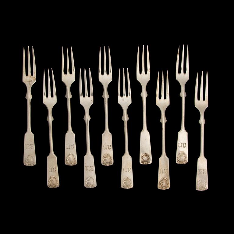 DIVERSE BESTICK, 33 st, silver, "Mussla", finska stämplar 1920-50-tal. Tot. vikt 397 g.