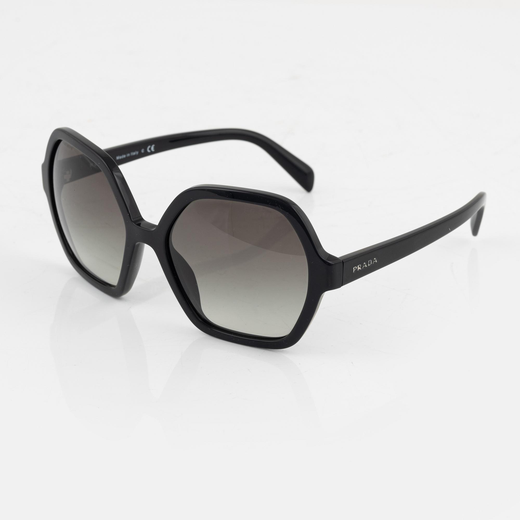 Prada, a pair of black sunglasses.