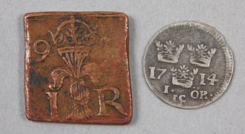 MYNT, 2 st, koppar resp silver, 1591 resp 1714.