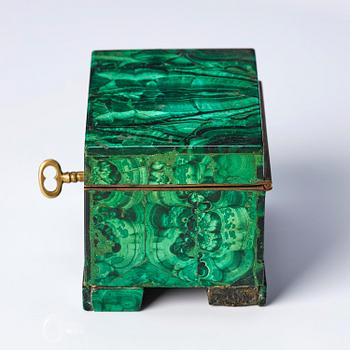 A Russian Nicolas II malachite-veneered box, circa 1900.
