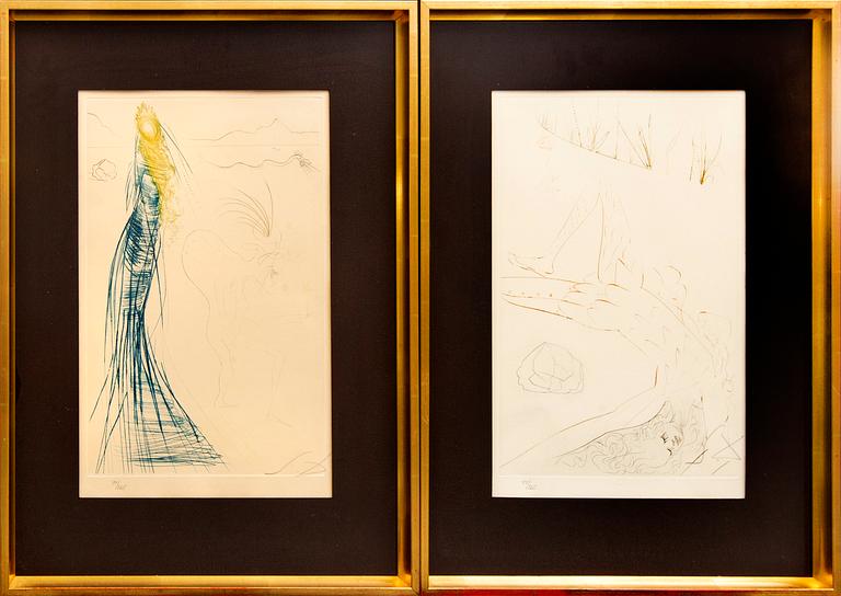 Salvador Dalí, etching and dry needle in color, 5 pcs, signed and numbered.