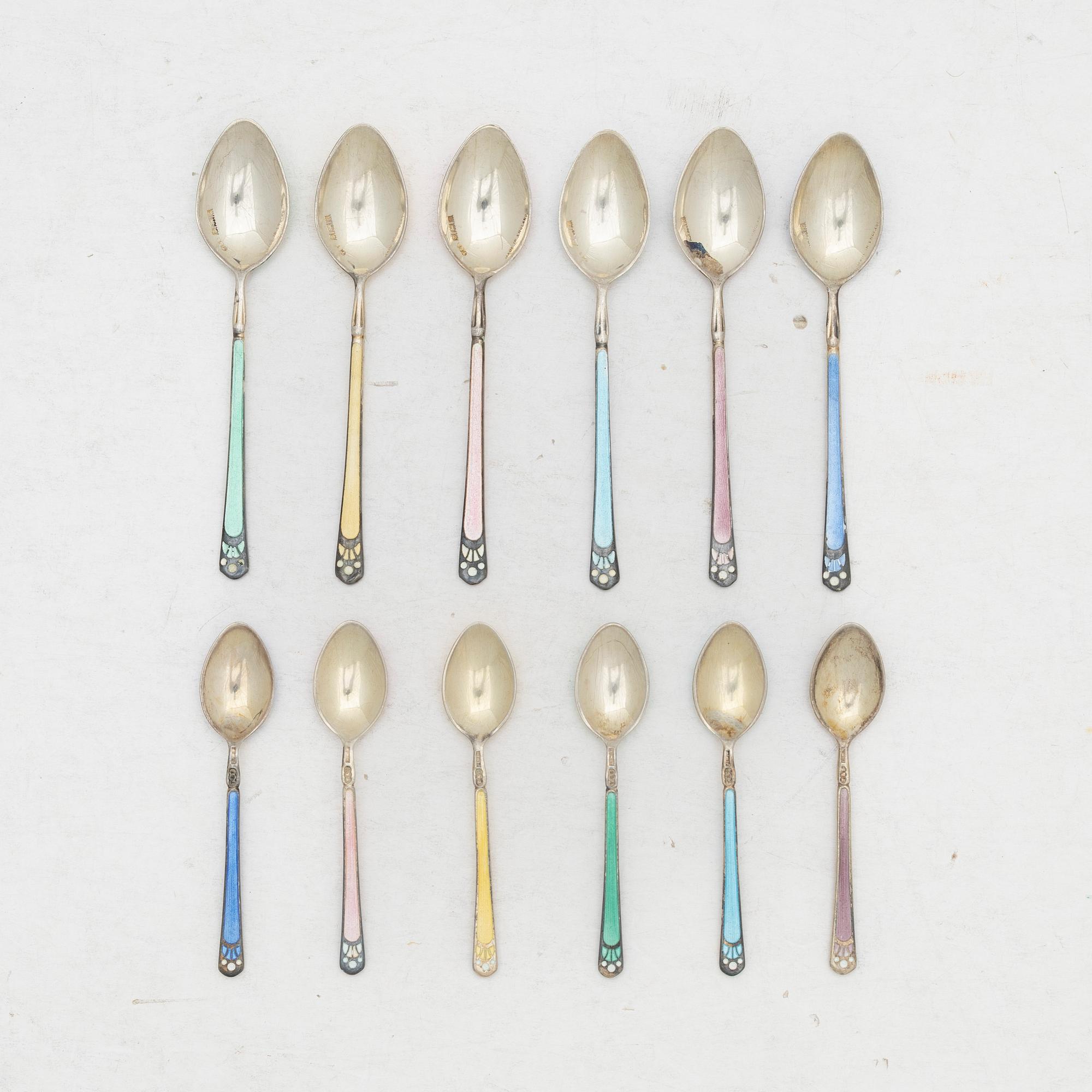 Turner & Simpson Ltd, a set of silver and enamel mocha spoons, Birmingham 1960-1961 (6+6 pcs).