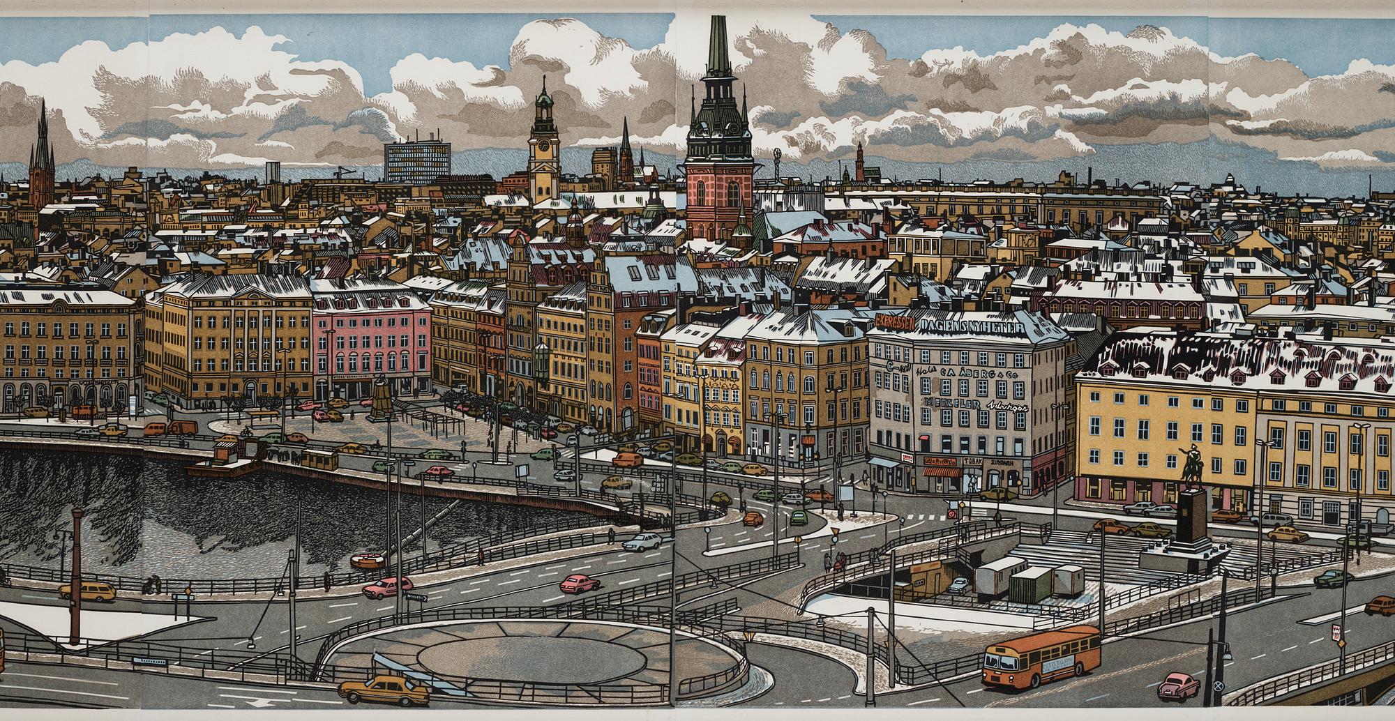 SVENOLOV EHRÉN, färgträsnitt, samramade motiv över slussen. 225/360.
