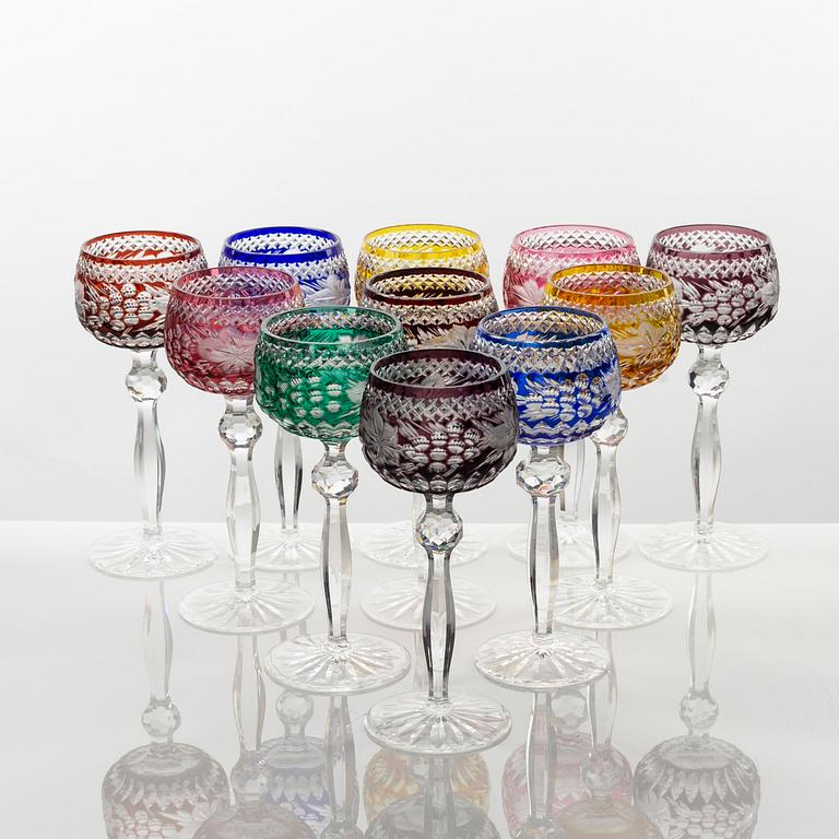 A set of eleven Bohemian style wine glasses, 20th Century.