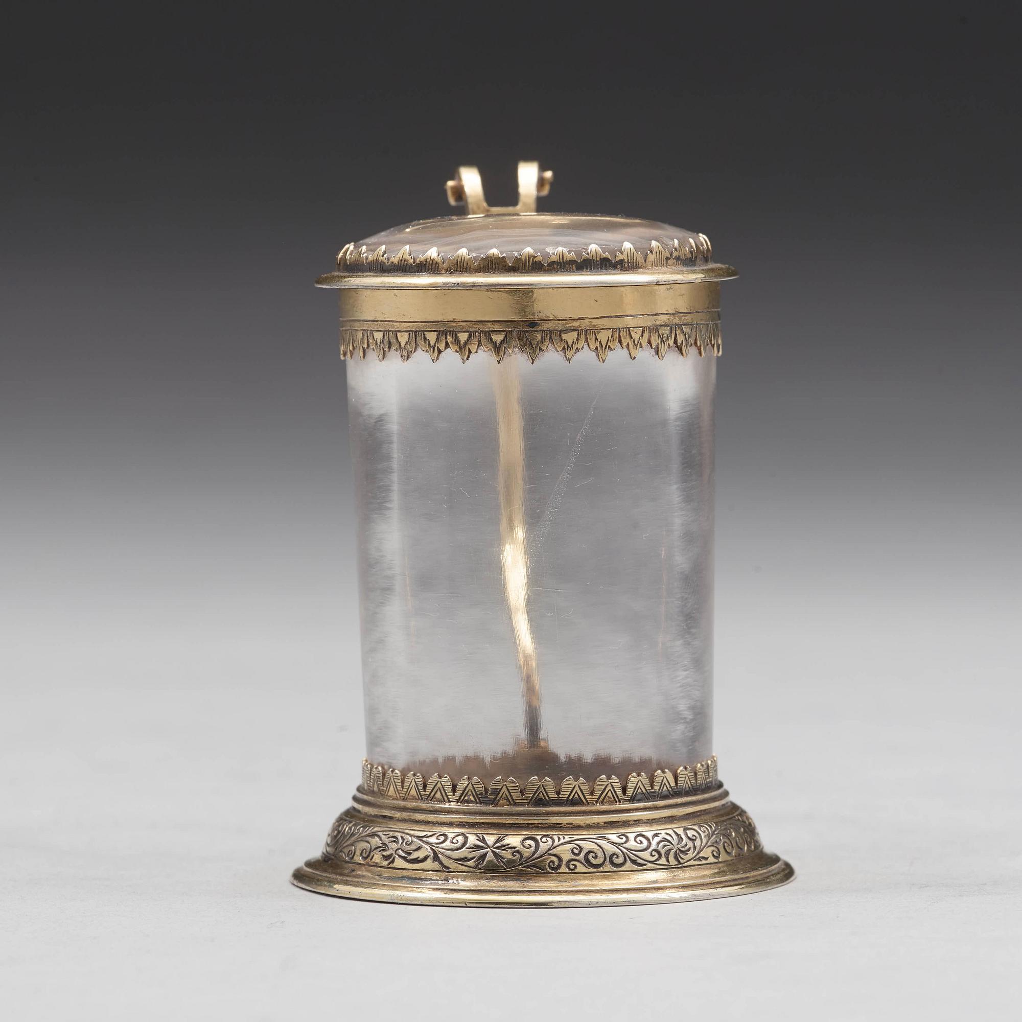 Miniatyrdryckeskanna, ostämplad, förgyllt silver och bergkristall, Tyskland 1600-talets förra hälft, barock.