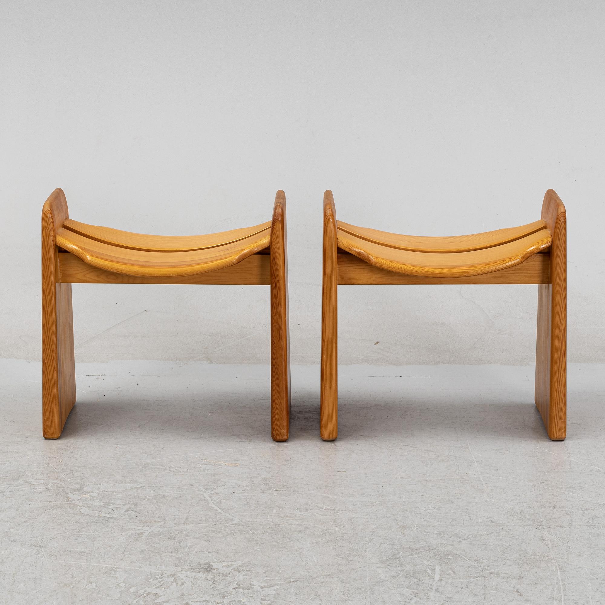 A pair of 'Jonte' pine stools by Gilbert Marklund, designed 1969.