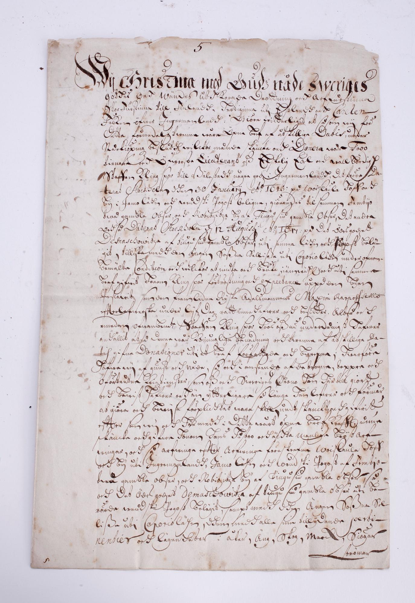 KUNGLIGT DOKUMENT MED AUTOGRAF, Drottning Kristina av Sverige, egenhändigt sign, dat 1647.