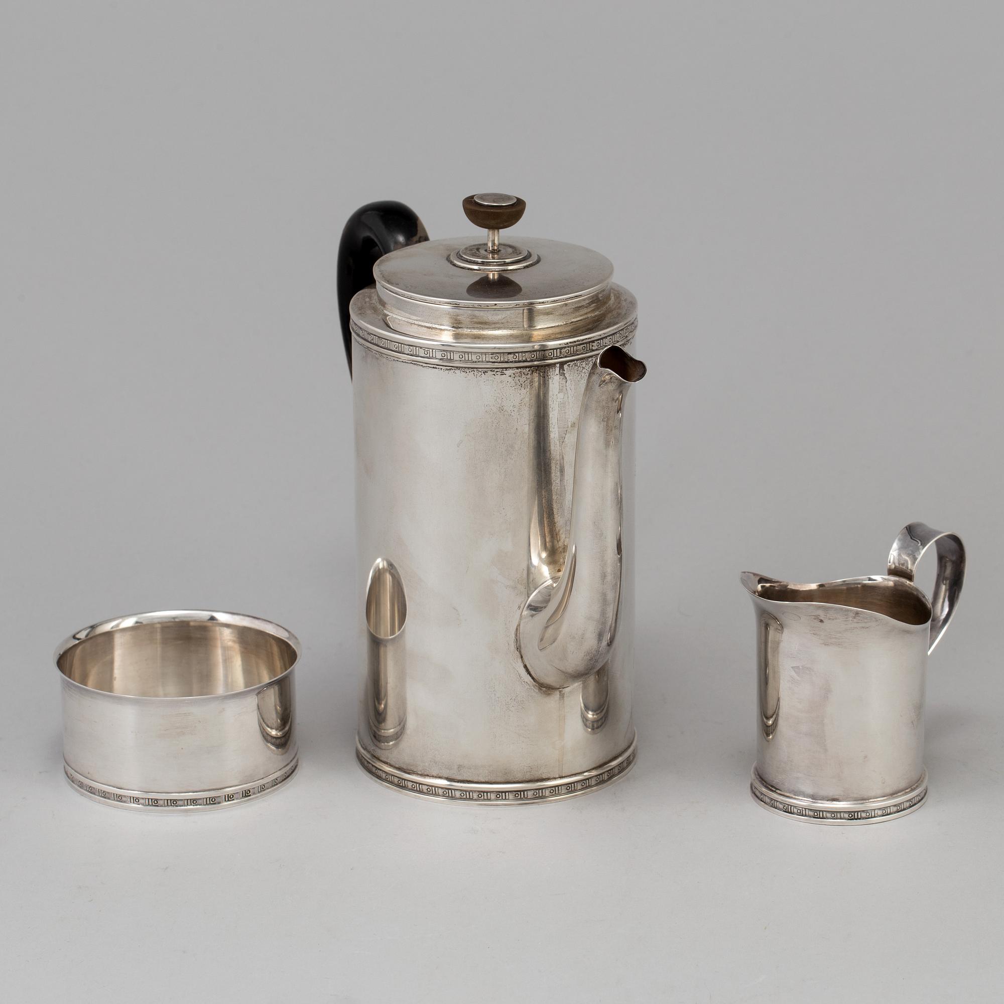 A VERA FERNGREN set of 3 pieces of silver coffee service by CG Hallberag and GAB, Stockholm 1958 and 1963.