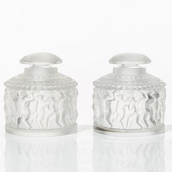 René Lalique, flacons with lids, a pair, glass, "Les Enfants", France, signed.