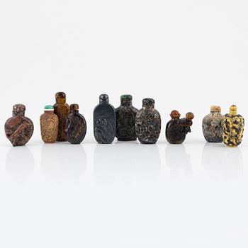 Ten snuff bottles, mottled stone, China, 20th century.