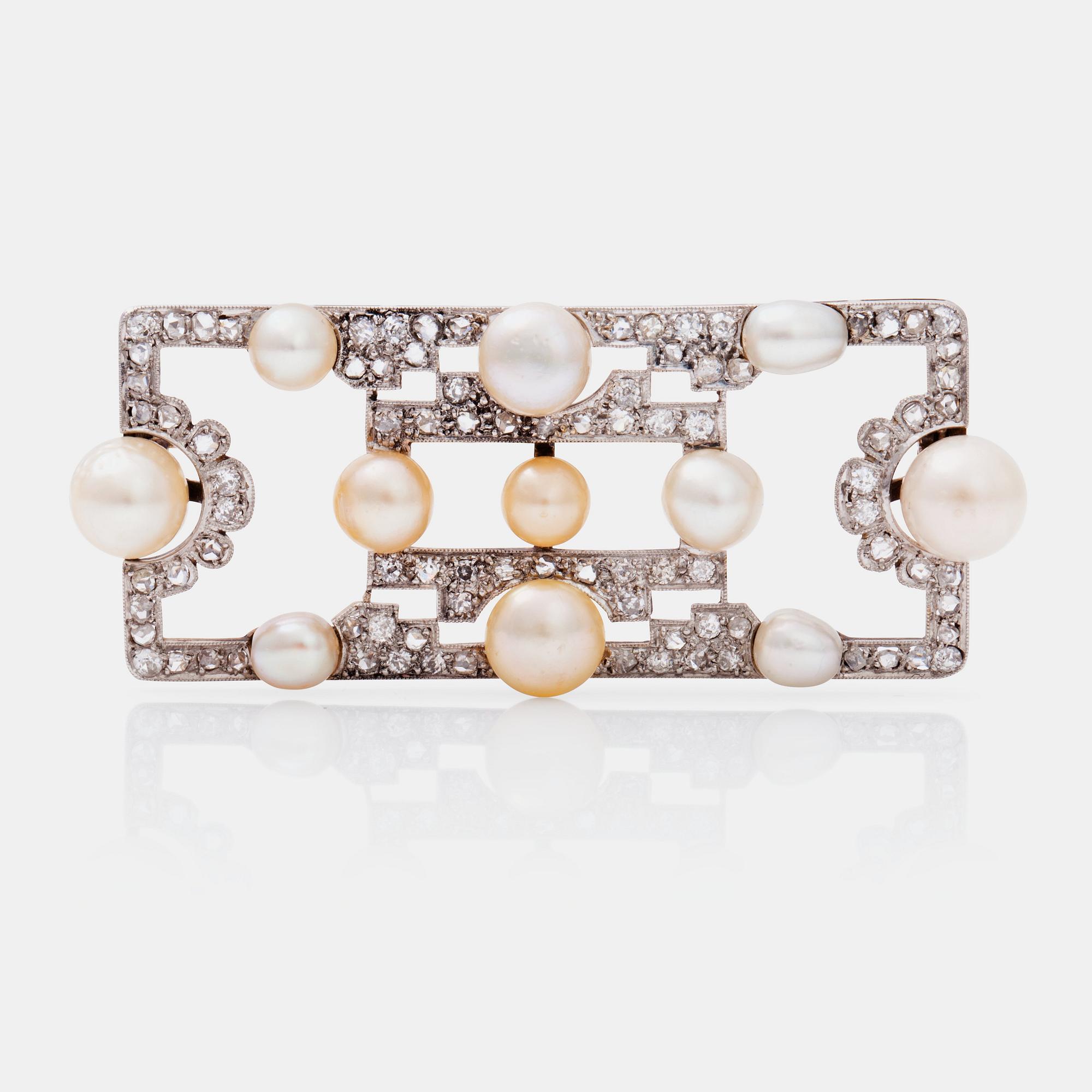 A natural pearl and old- and rose-cut diamond brooch.