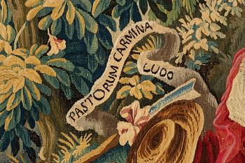 A tapestry, “La poesie pastoral”, tapestry weave, ca 251,5 x 283 cm, after Boucher, France 18th century.