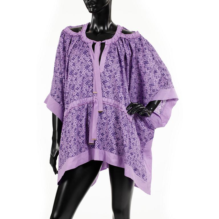 LOUIS VUITTON, a purple beach ensemble consisiting of a tunic, sandalettes, and two bags.