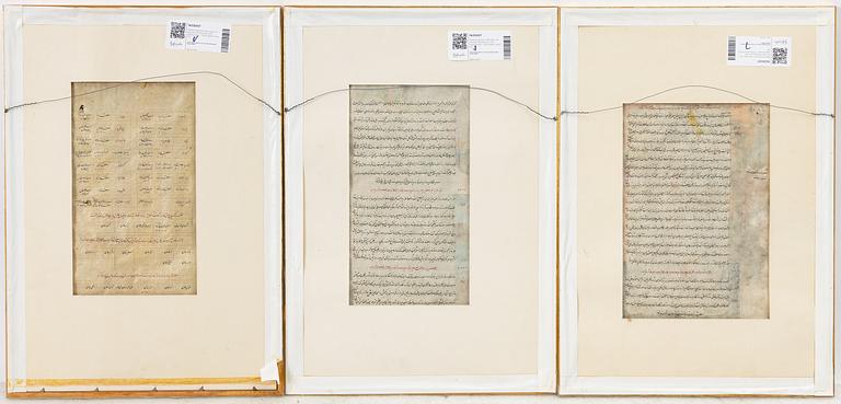 Manuscript pages/paintings, three pieces, Persia/Iran, late Qajar dynasty / early 20th century.