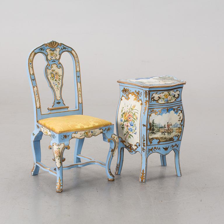 AN Italian Louis XV-style and Baroque-style chair and commode, around 1900.