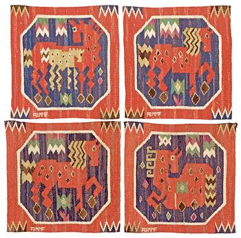 905. VÄVNADER, 4 st. "Röd häst". Gobelängteknik. ca 39,5 x 39 cm vardera. Signerade AB MMF.