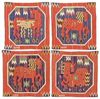 TEXTILES, 4 pieces. "Röd häst". Tapestry weave (Gobelängteknik). ca 39,5 x 39 cm each. Signed AB MMF.