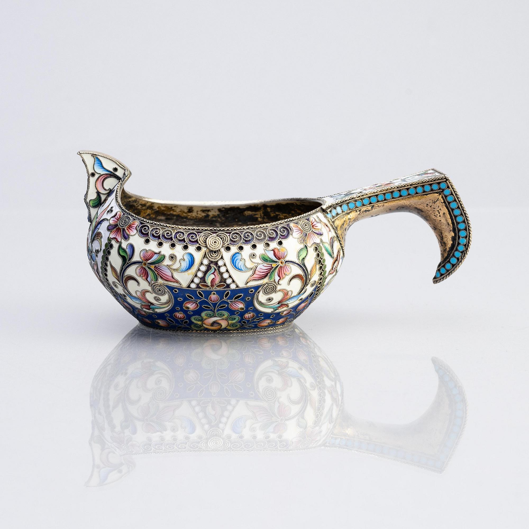 A silver and enamel kovsch, maker's mark Maria Semenova, Moscow 1908 - 1917.