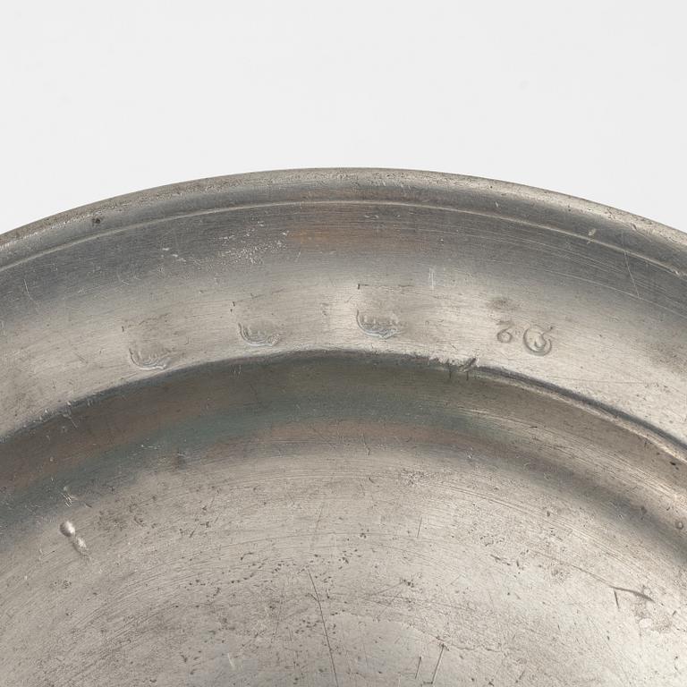 Six pewter plates, Sweden, including Melchior Beck, Stockholm, 1737, and six pewter plates, London, 18/19th century.
