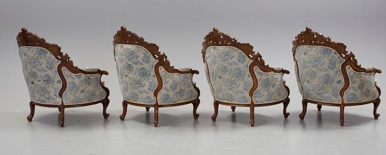 FÅTÖLJER, 4 st, nyrokoko-stil, omkring sekelskiftet 1900/2000.