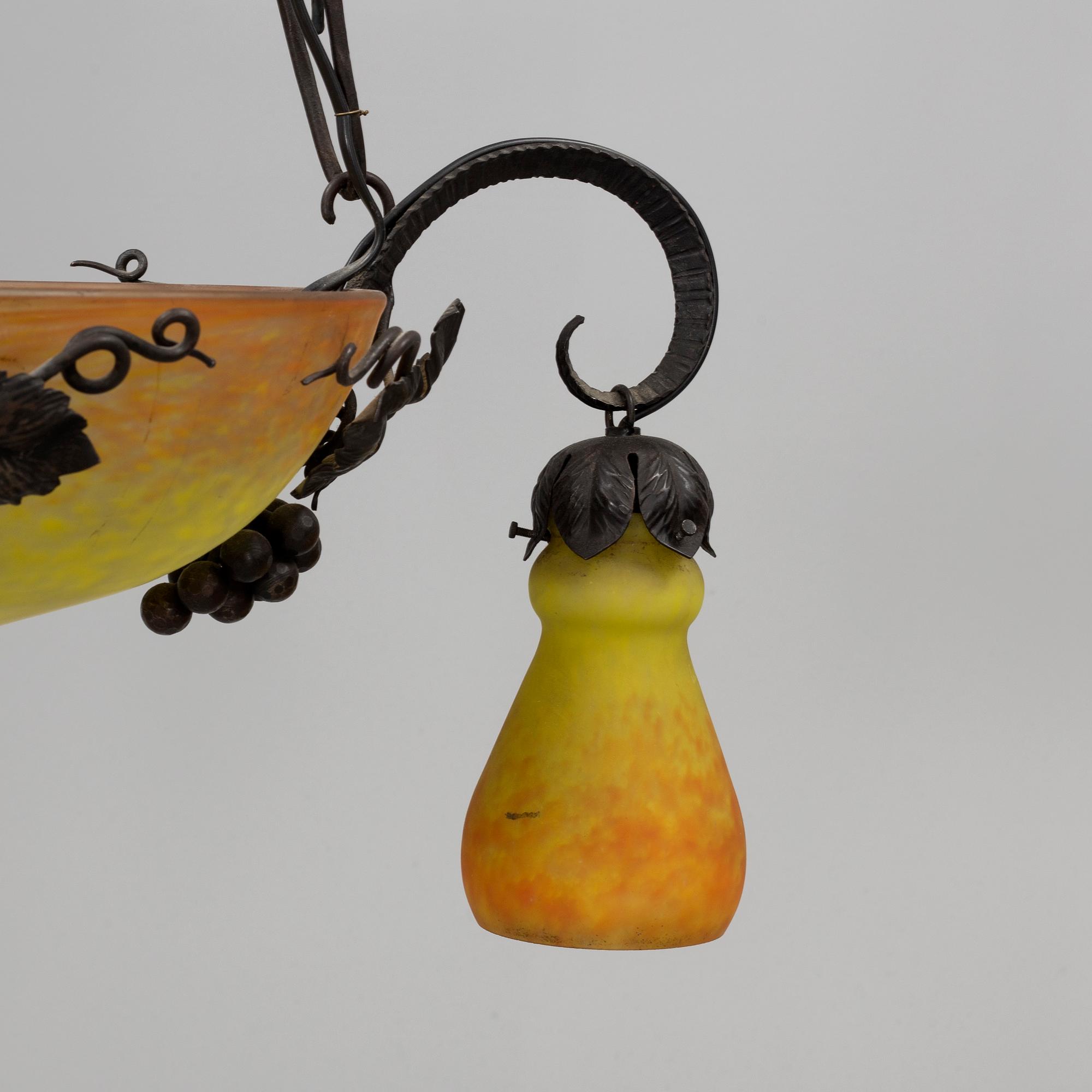 A Muller Croismare glass and metal ceiling lamp, Nancy, first half of 20th Century.