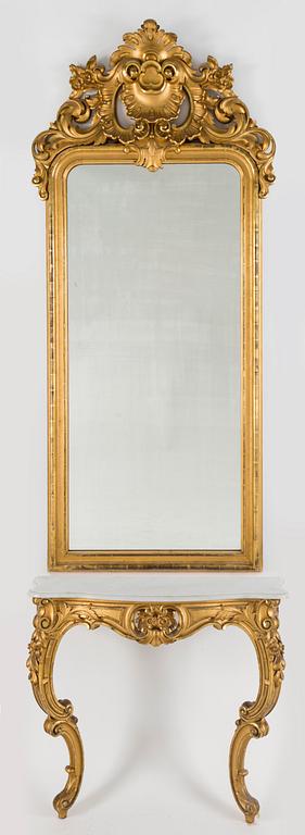 A gilt wood mirror and marble top console table, early 20th Century.