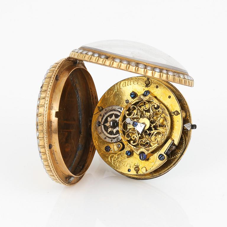 DAMFICKUR, spindelgång, förgyllt, orientaliska pärlor, märkt Mallet, Paris, sent 1700-tal.